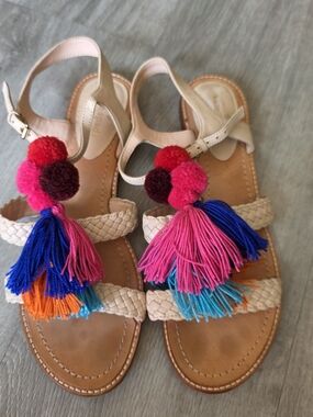 kate spade Beige Leather Sandals with Pink Blue Orange Tassels